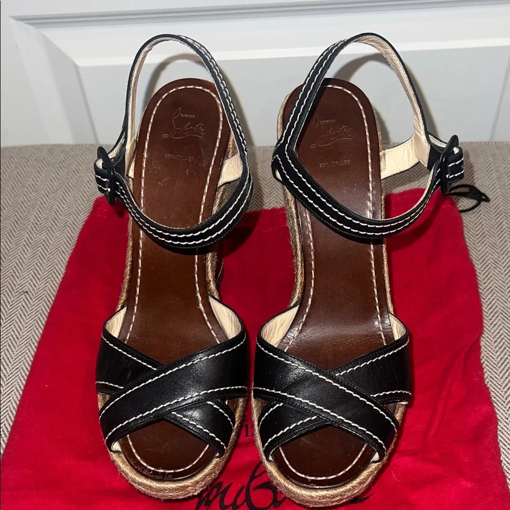 Christian Louboutin Black and Natural Espadrille Wedge Sandals